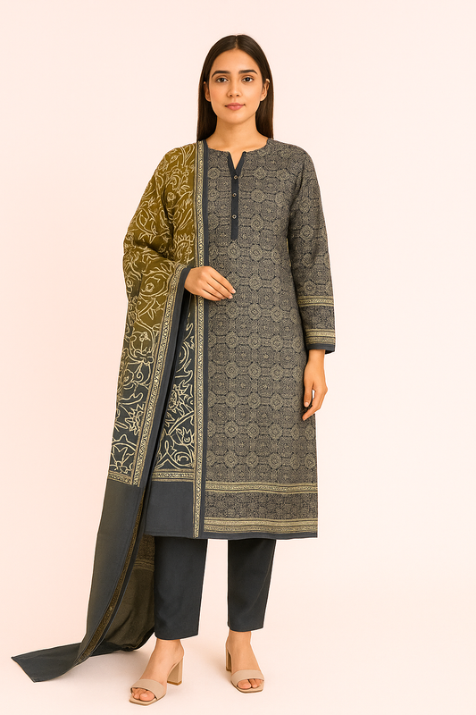 | Bin Saeed 3PC β’ Printed Khaddar β’ Unstitched Winter Suit |