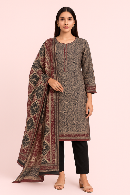 | Bin Saeed 3PC • Printed Khaddar • Unstitched Winter Suit |