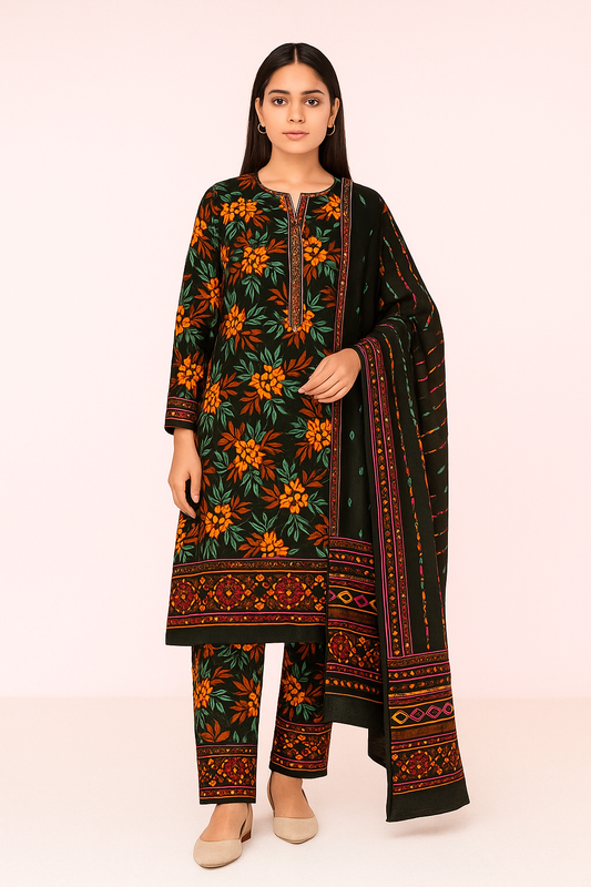 | Bin Saeed 3PC • Printed Khaddar • Unstitched Winter Suit |